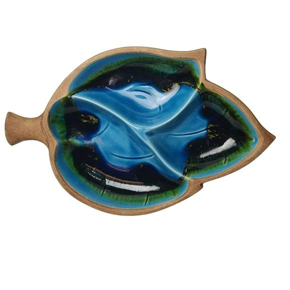 Vintage 1960s - Santa Anita Ware Green Blue Glaze Leaf Divided Nut Snack Dish - Picture 2 of 11